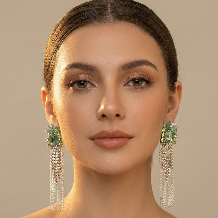 Green Crystal Long Earrings