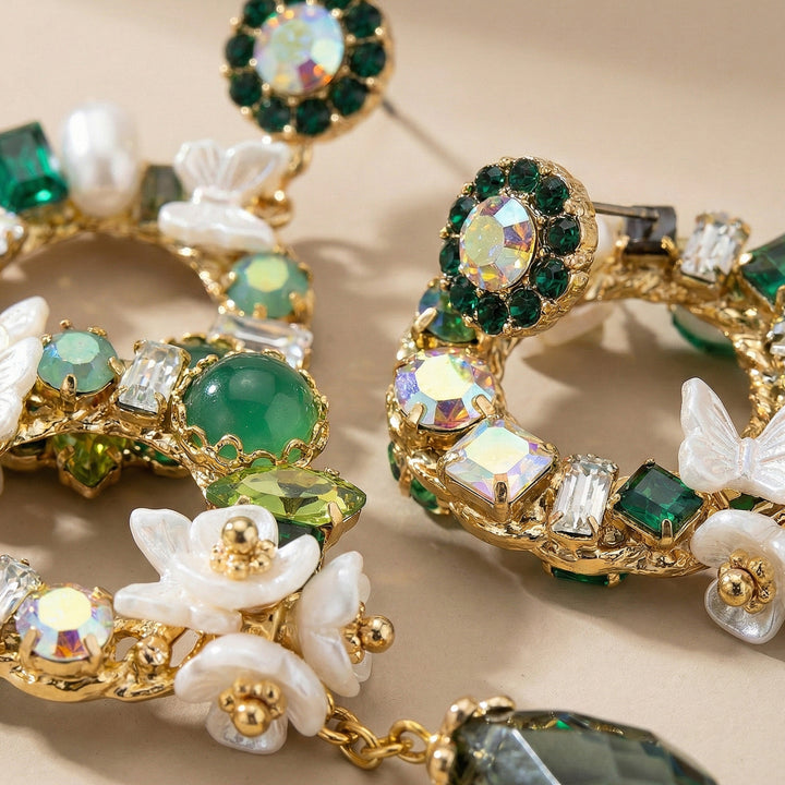 Green Floral Crystal Earrings