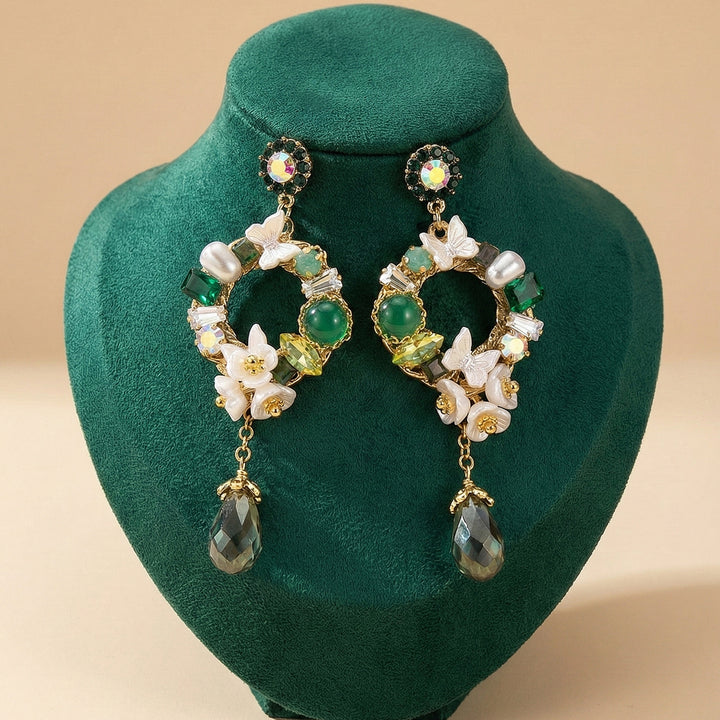 Green Floral Crystal Earrings