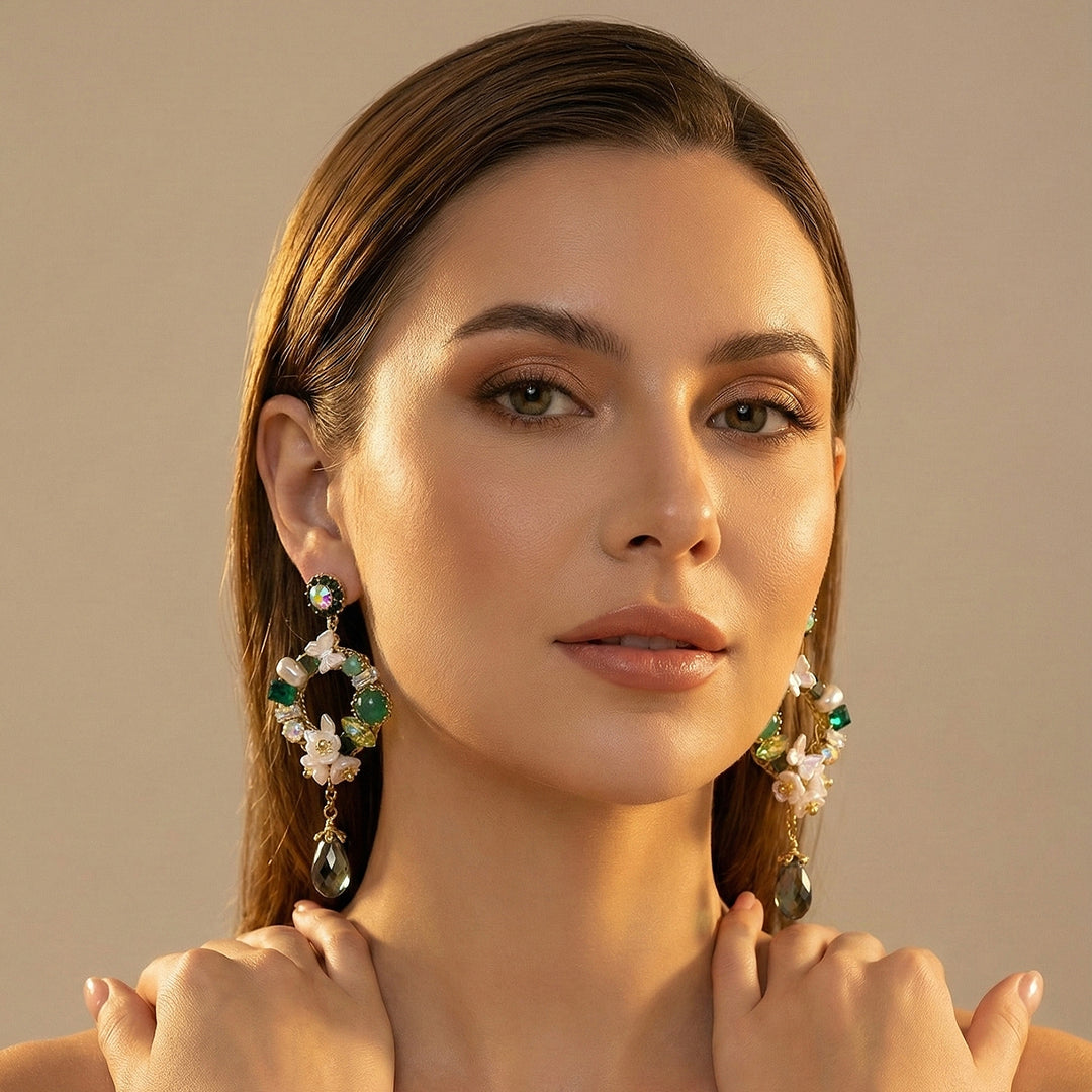 Green Floral Crystal Earrings