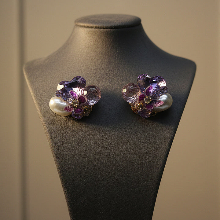 Purple Crystal & Pearl Floral Earrings