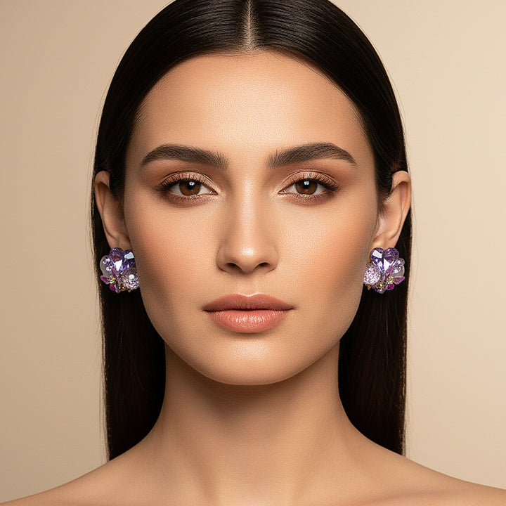 Purple Crystal & Pearl Floral Earrings