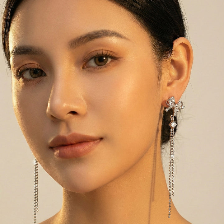 Crystal Bow Chain Drop Earrings
