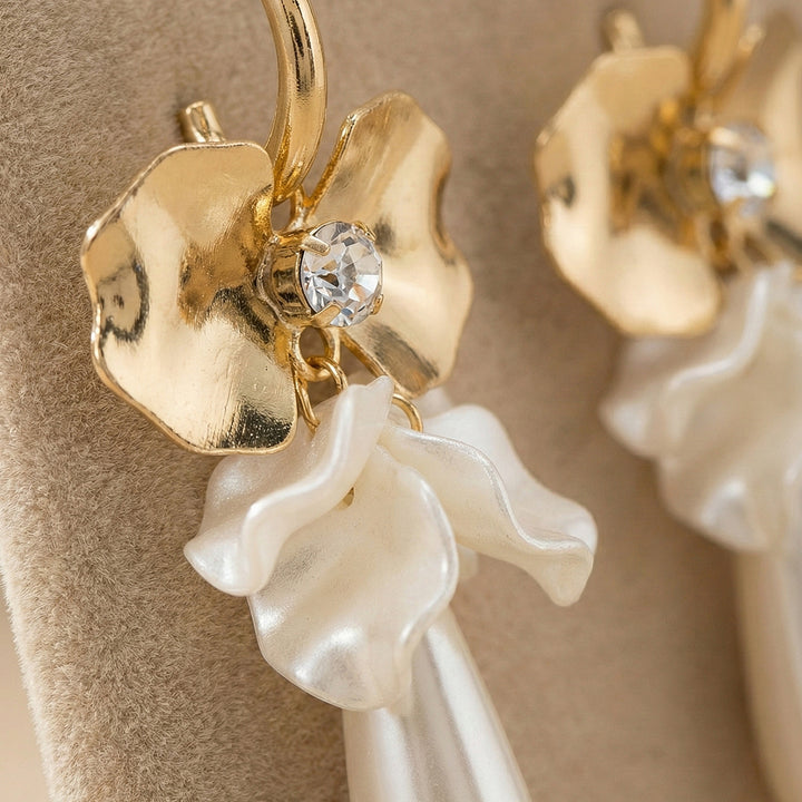 Gold Floral Pearl Drop Earrings