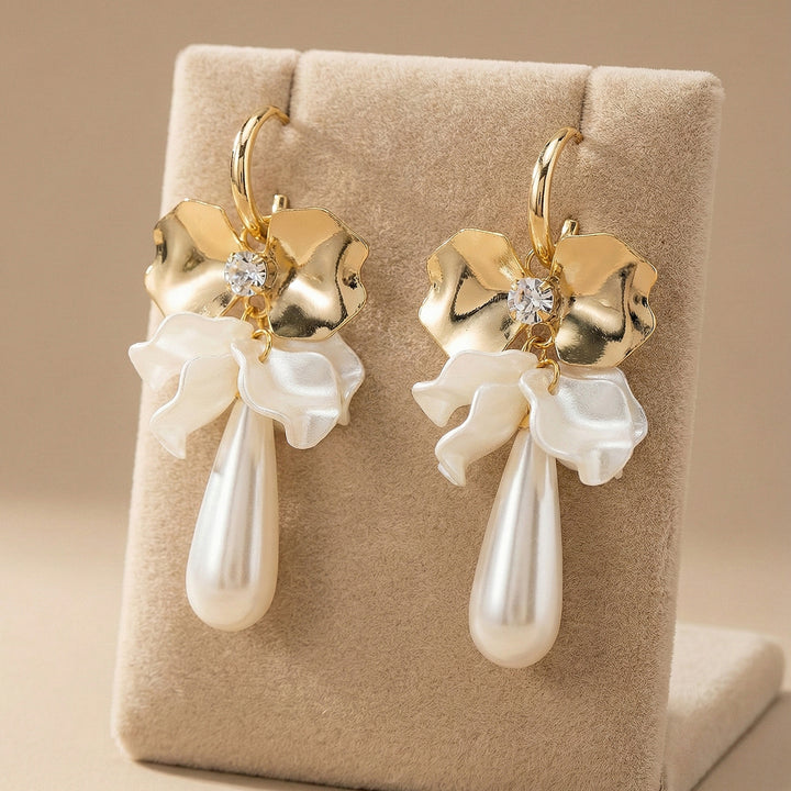 Gold Floral Pearl Drop Earrings