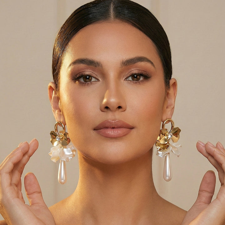 Gold Floral Pearl Drop Earrings