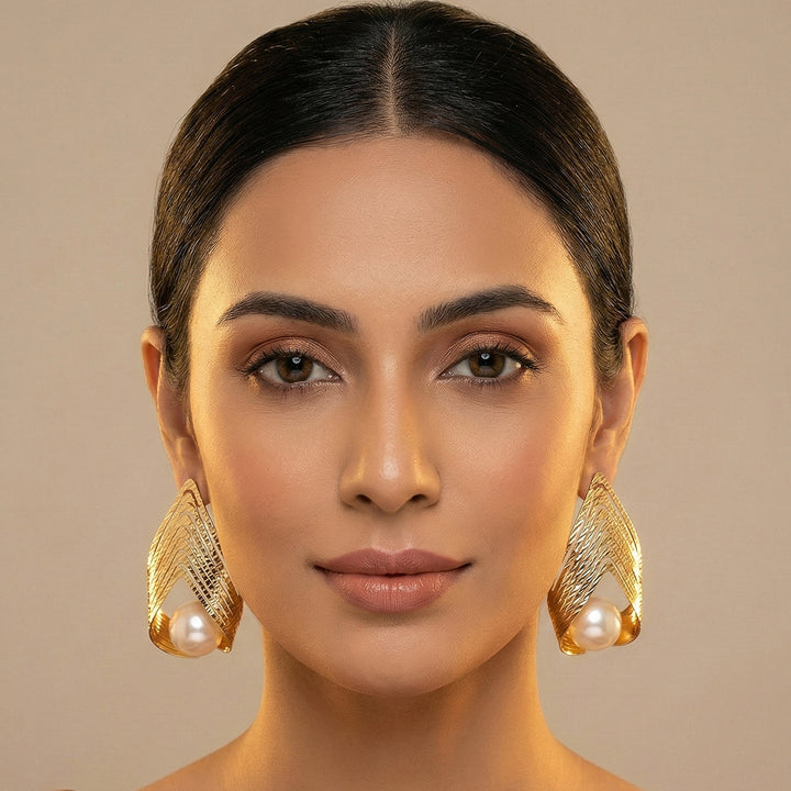 Gold Textured Pearl Earrings