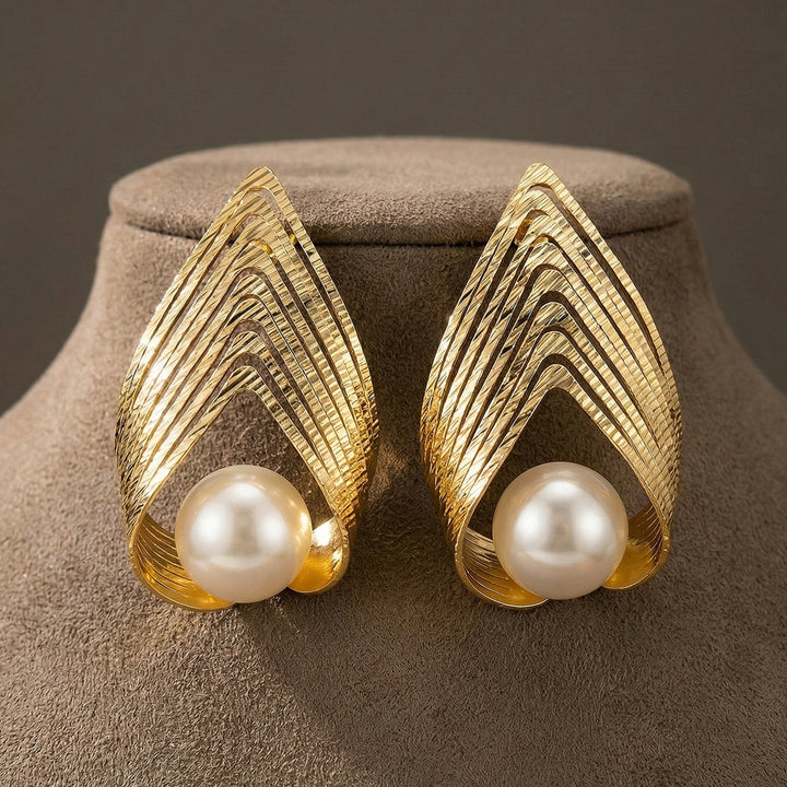 Gold Textured Pearl Earrings