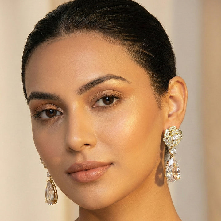 Gold Floral Drop Earrings with Crystal Tear