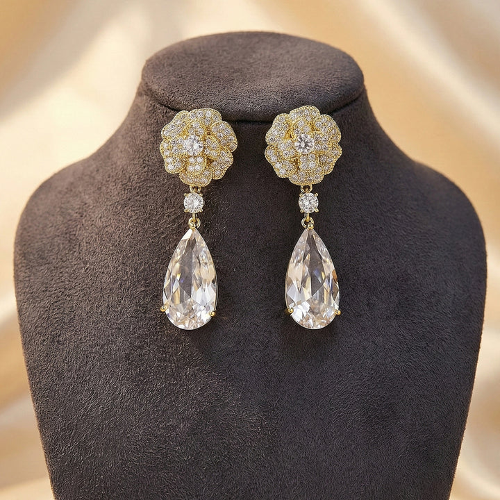 Gold Floral Drop Earrings with Crystal Tear