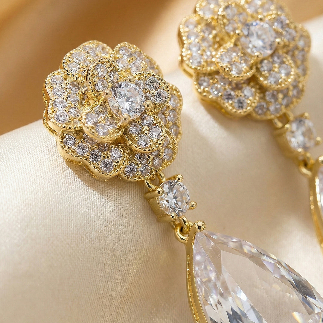 Gold Floral Drop Earrings with Crystal Tear