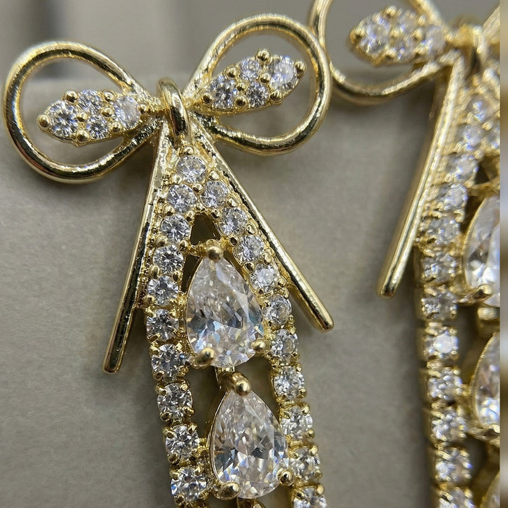 Bow Crystal Long Earrings