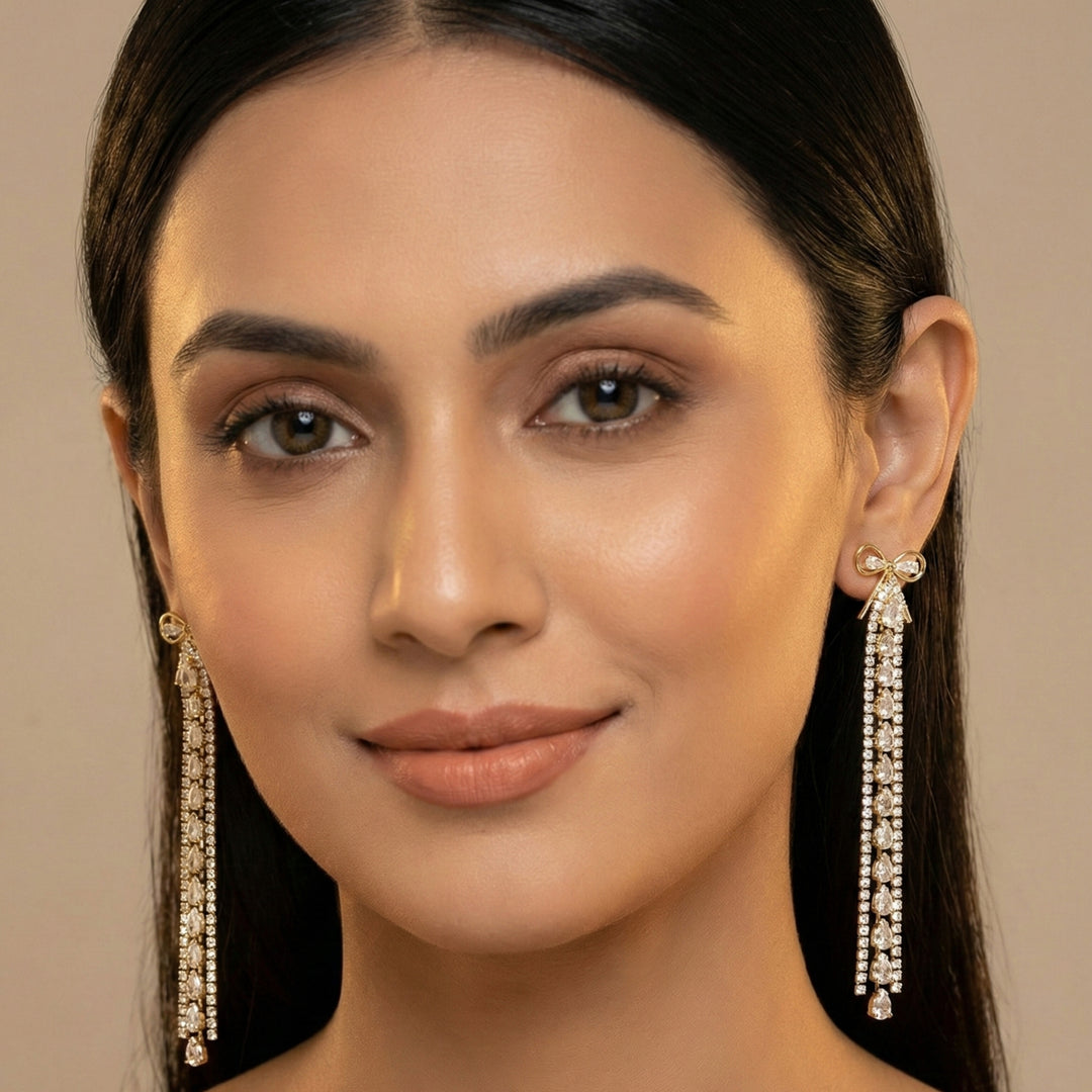 Bow Crystal Long Earrings