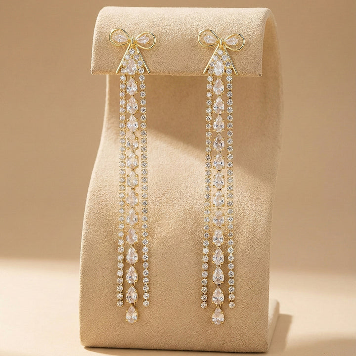 Bow Crystal Long Earrings