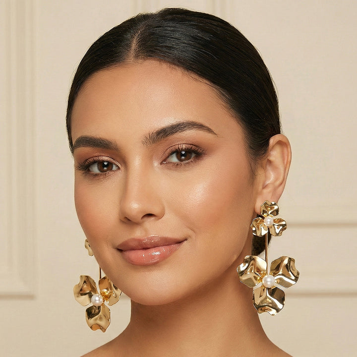 Gold Floral Pearl Earrings