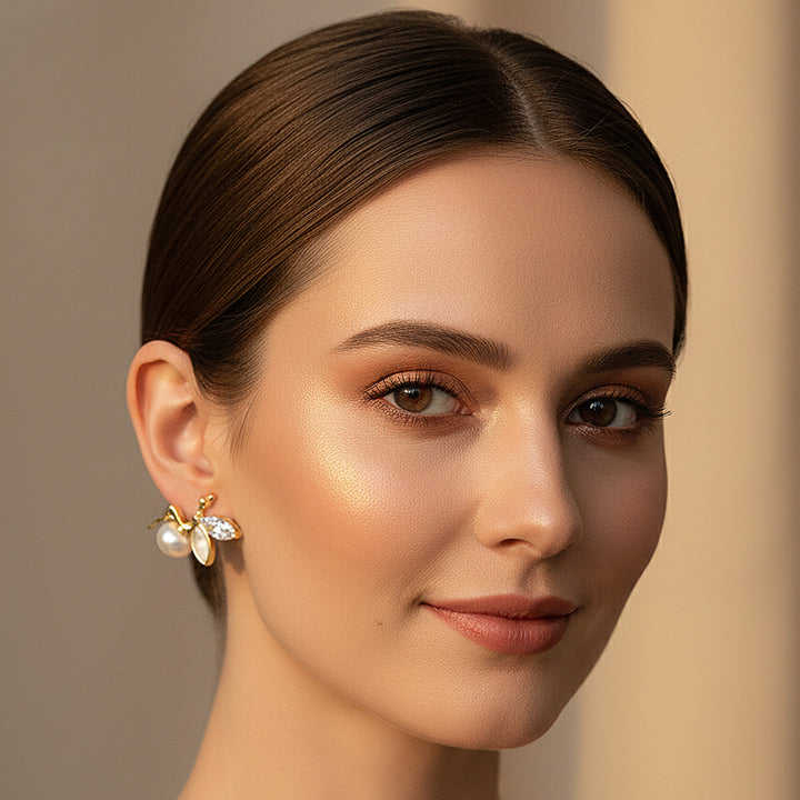 Pearl Leaf Design Stud Earrings