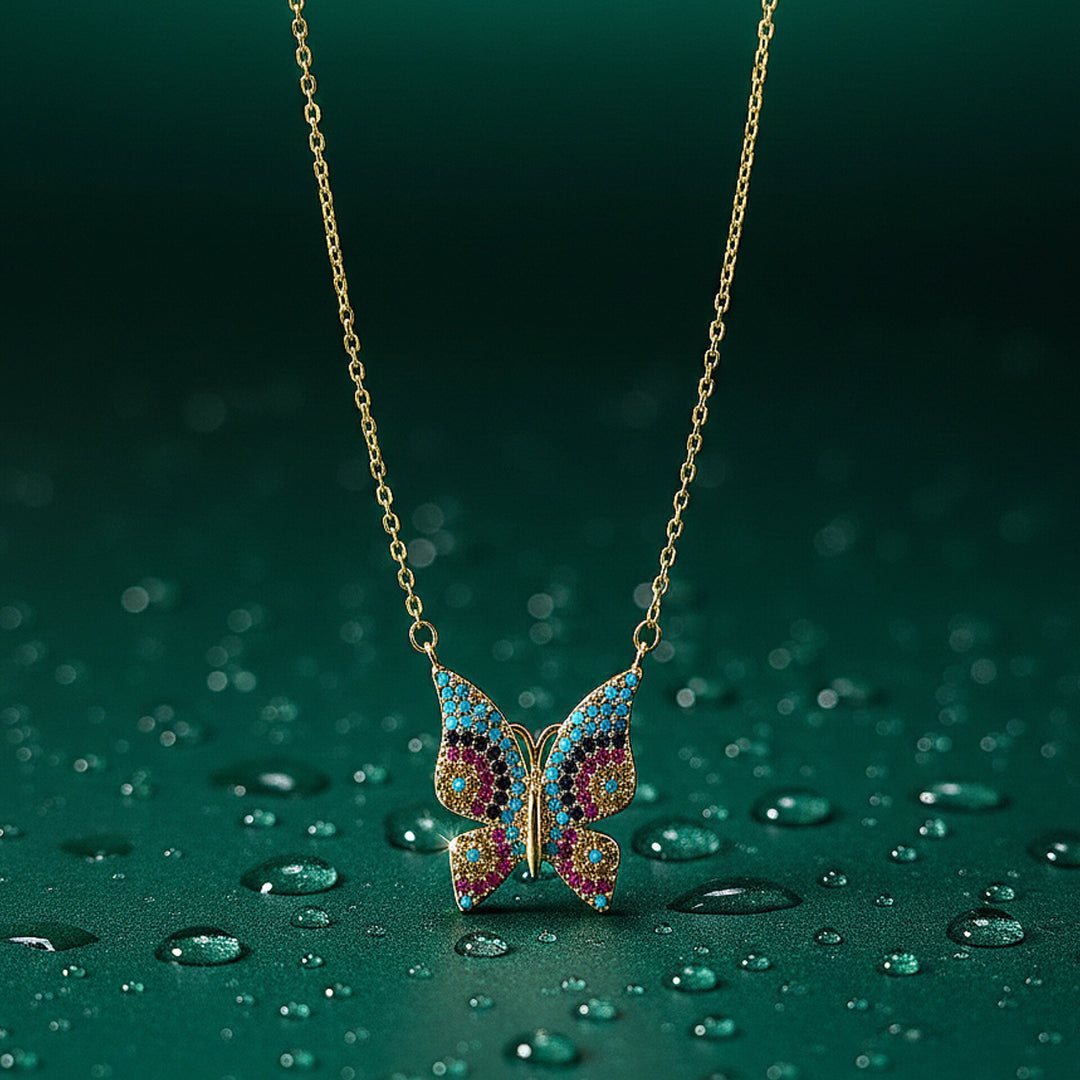 Multicolor Butterfly Chain Pendant (Gold Tone)