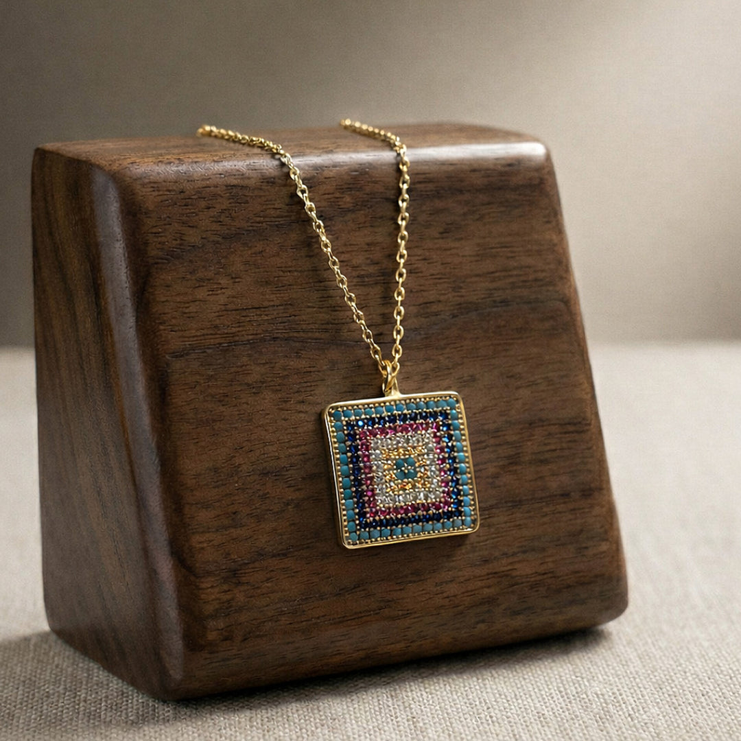Multicolor Square Chain Pendant (Gold Tone)