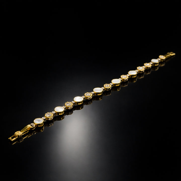 White Stone & Pearl Bracelet (Gold Tone)