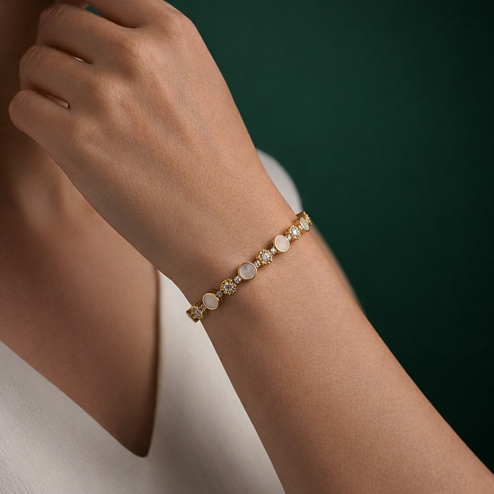 White Stone & Pearl Bracelet (Gold Tone)