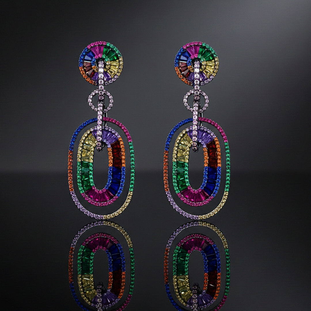 Rainbow Crystal Oval Earrings (Silver Tone)