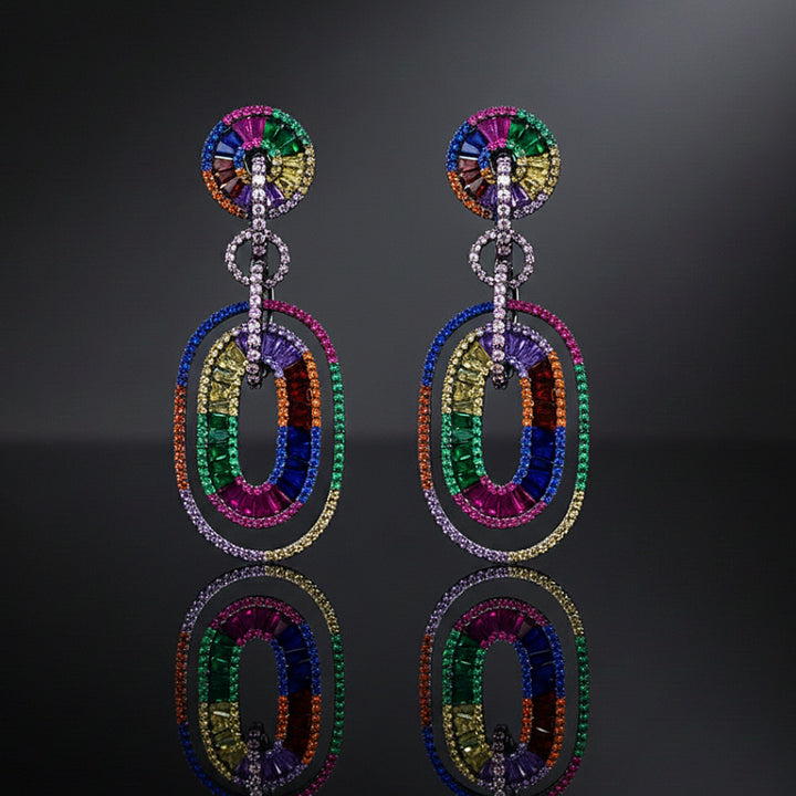 Rainbow Crystal Oval Earrings (Silver Tone)