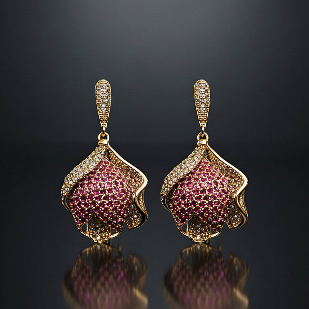 Pink Crystal Drop Earrings (Gold Tone)