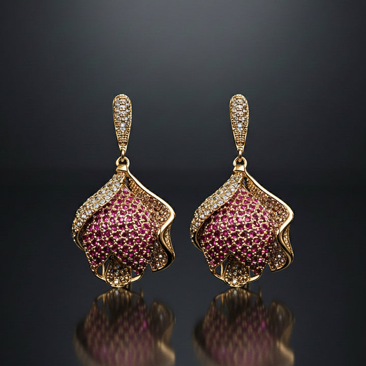 Pink Crystal Drop Earrings (Gold Tone)
