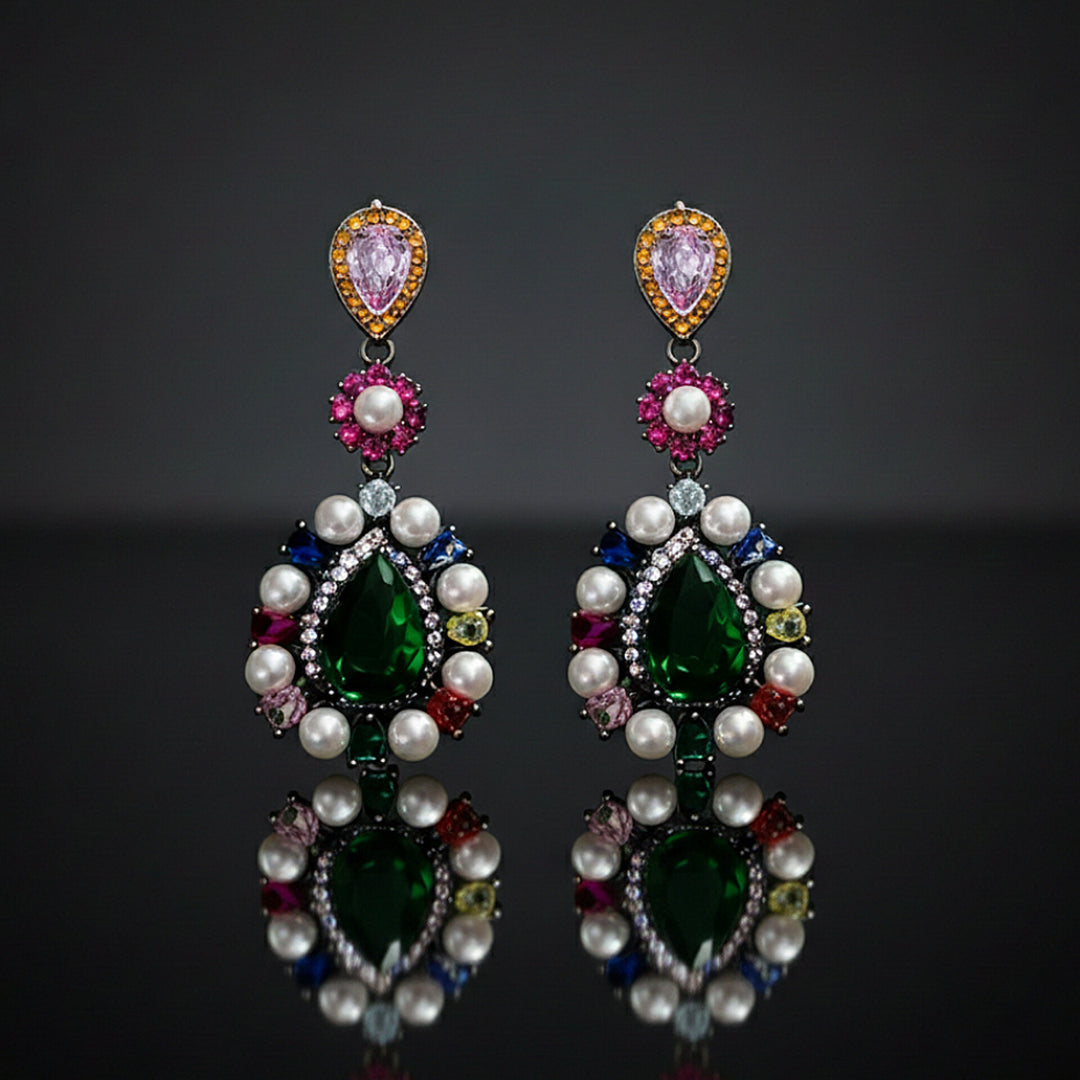 Multicolor Emerald Pearl Drop Earrings