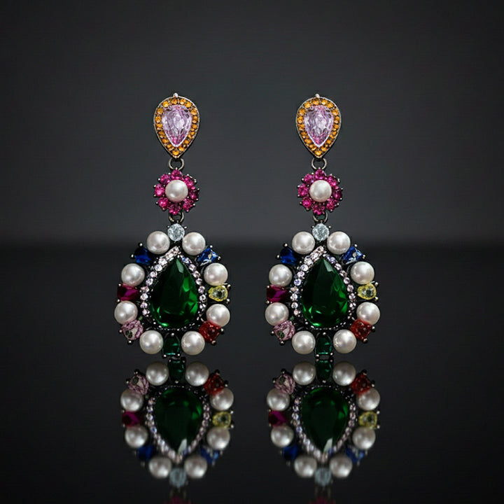 Multicolor Emerald Pearl Drop Earrings