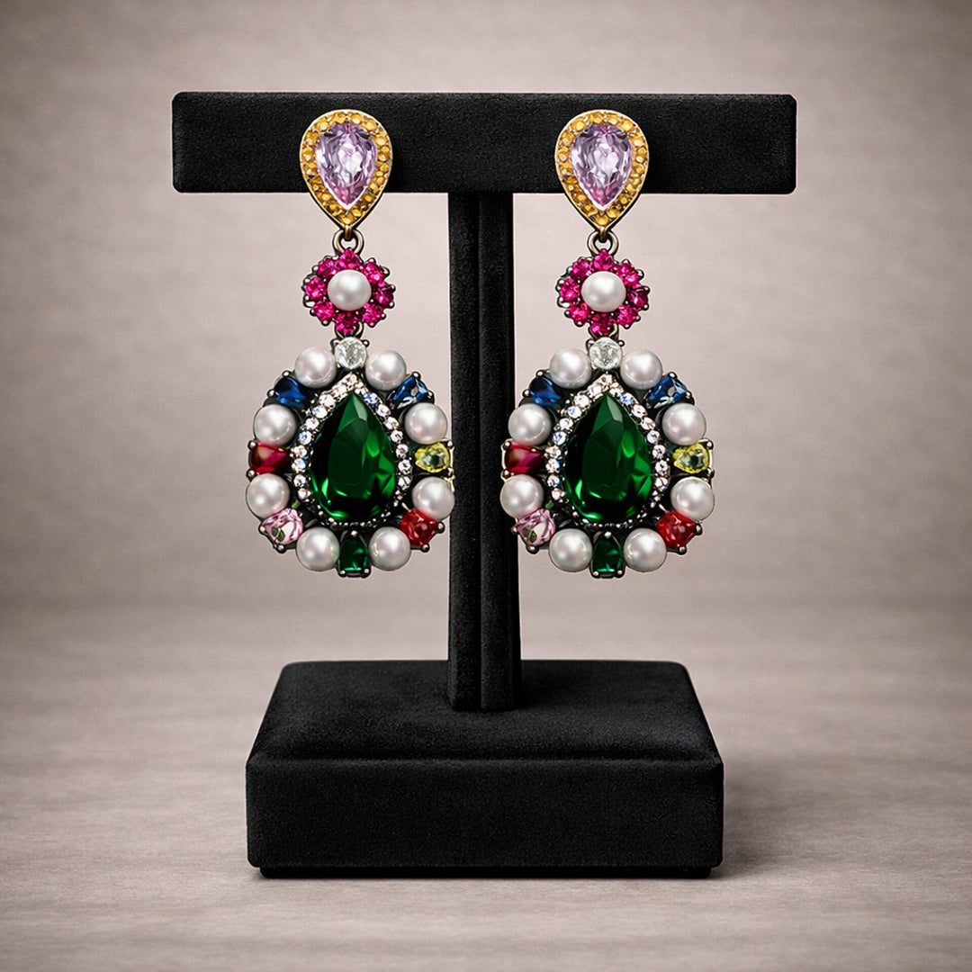 Multicolor Emerald Pearl Drop Earrings