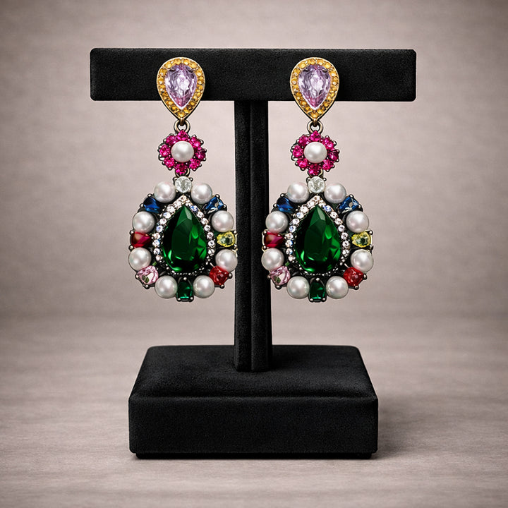 Multicolor Emerald Pearl Drop Earrings