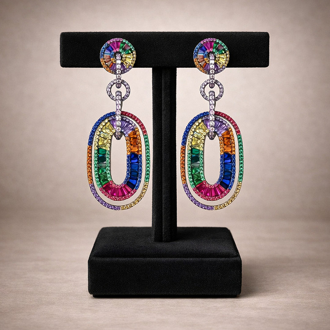 Rainbow Crystal Oval Earrings (Silver Tone)