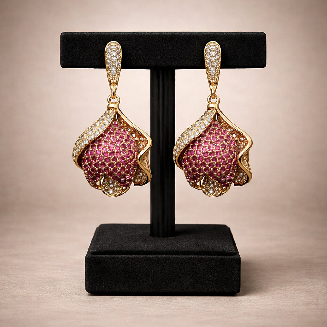 Pink Crystal Drop Earrings (Gold Tone)