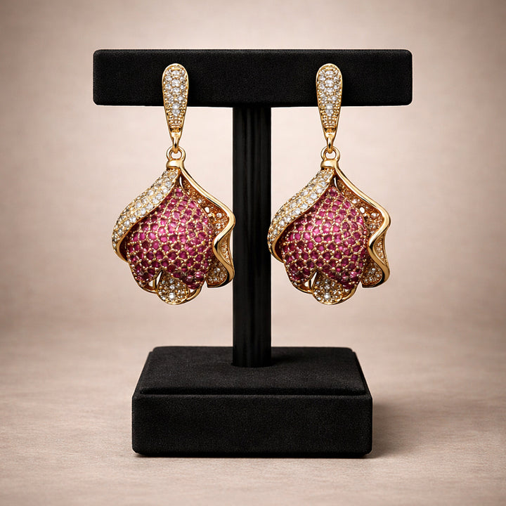 Pink Crystal Drop Earrings (Gold Tone)