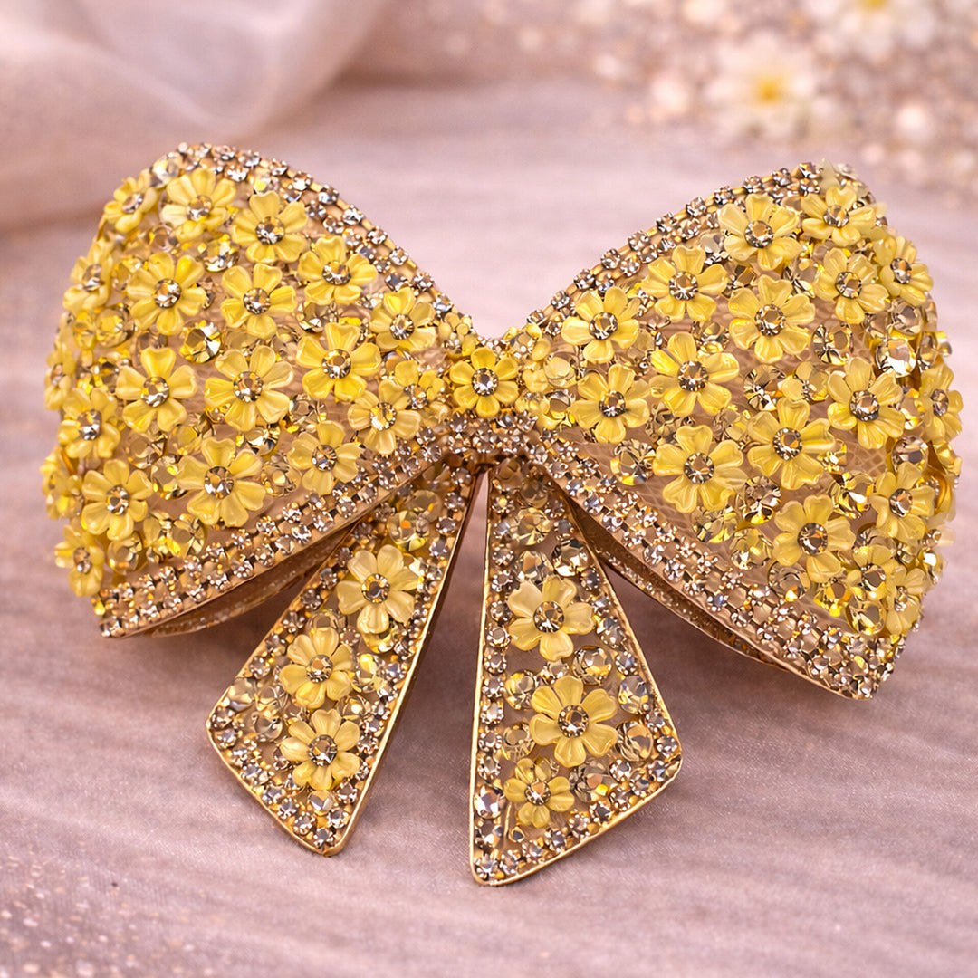 Golden Yellow Floral Crystal Hair Bow