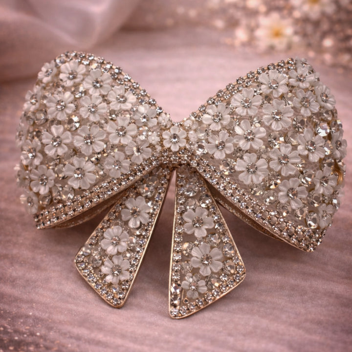 White Floral Crystal Hair Bow
