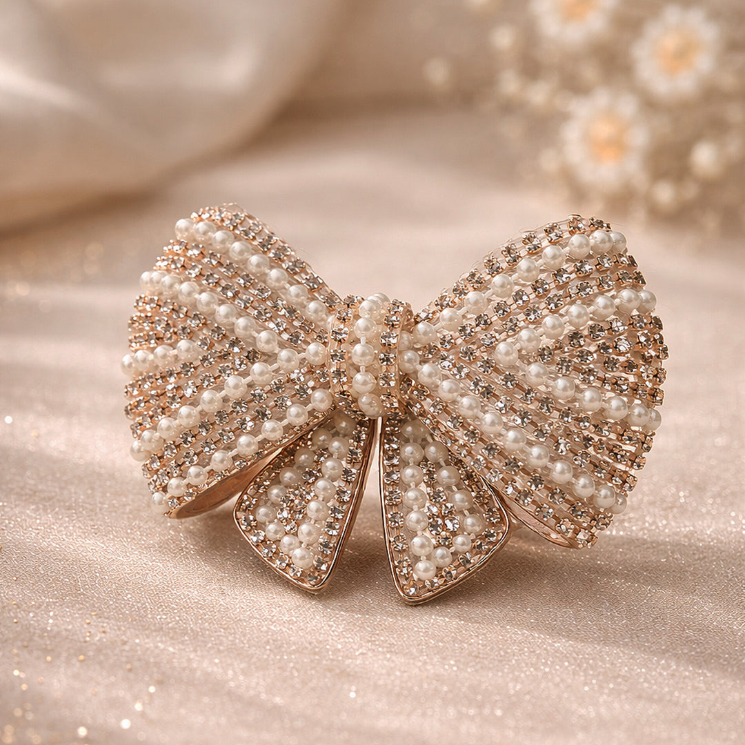 Pearl & Rose Gold Crystal Hair Bow