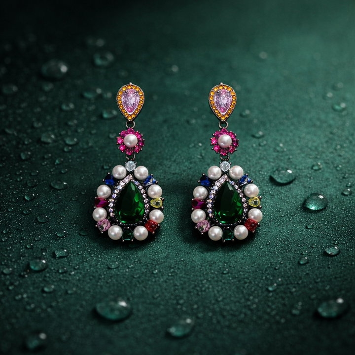 Multicolor Emerald Pearl Drop Earrings