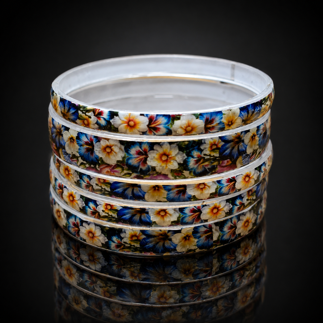 Blue & White Floral Printed Glass Bangles Set