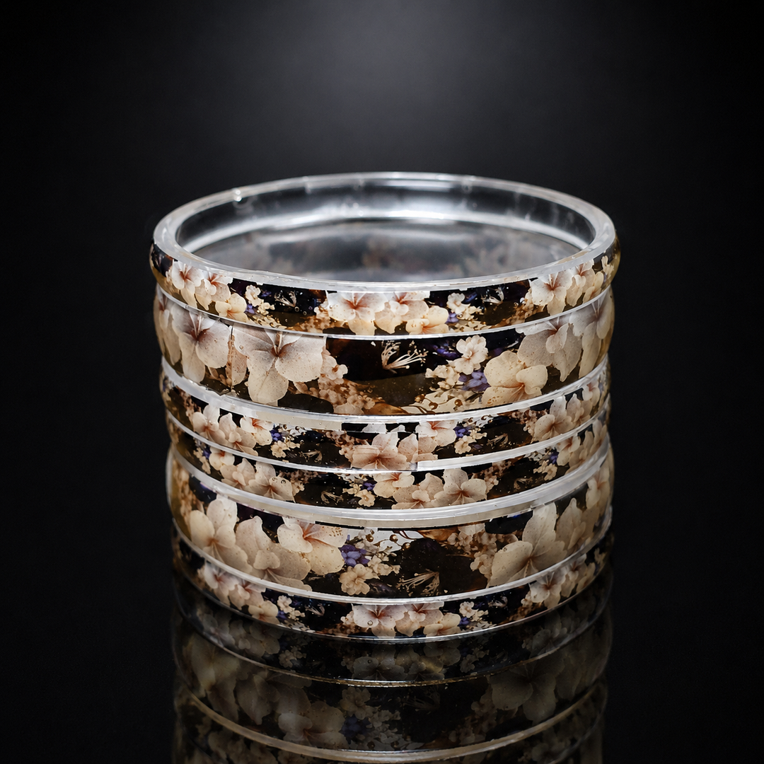 Beige Floral Printed Glass Bangles Set