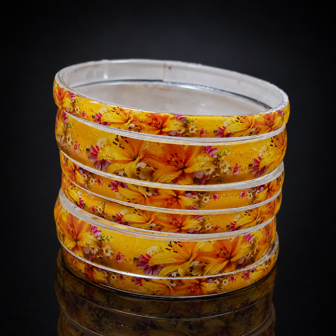 Yellow Floral Printed Glass Bangles Set