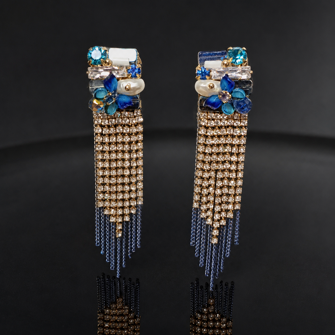 Korean Blue Crystal Tassel Drop Earrings