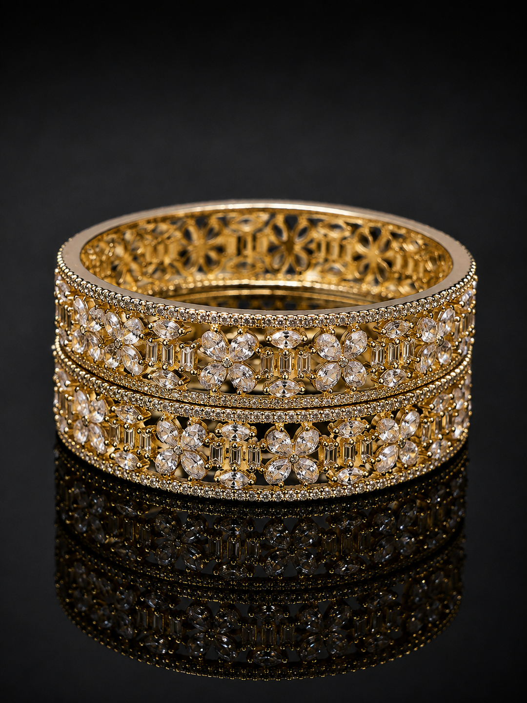 Golden Floral  American Diamond Bangle Set