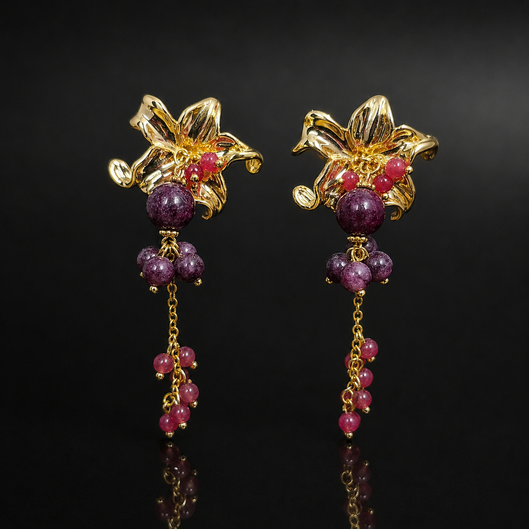 Korean Purple Beaded Floral Earrings