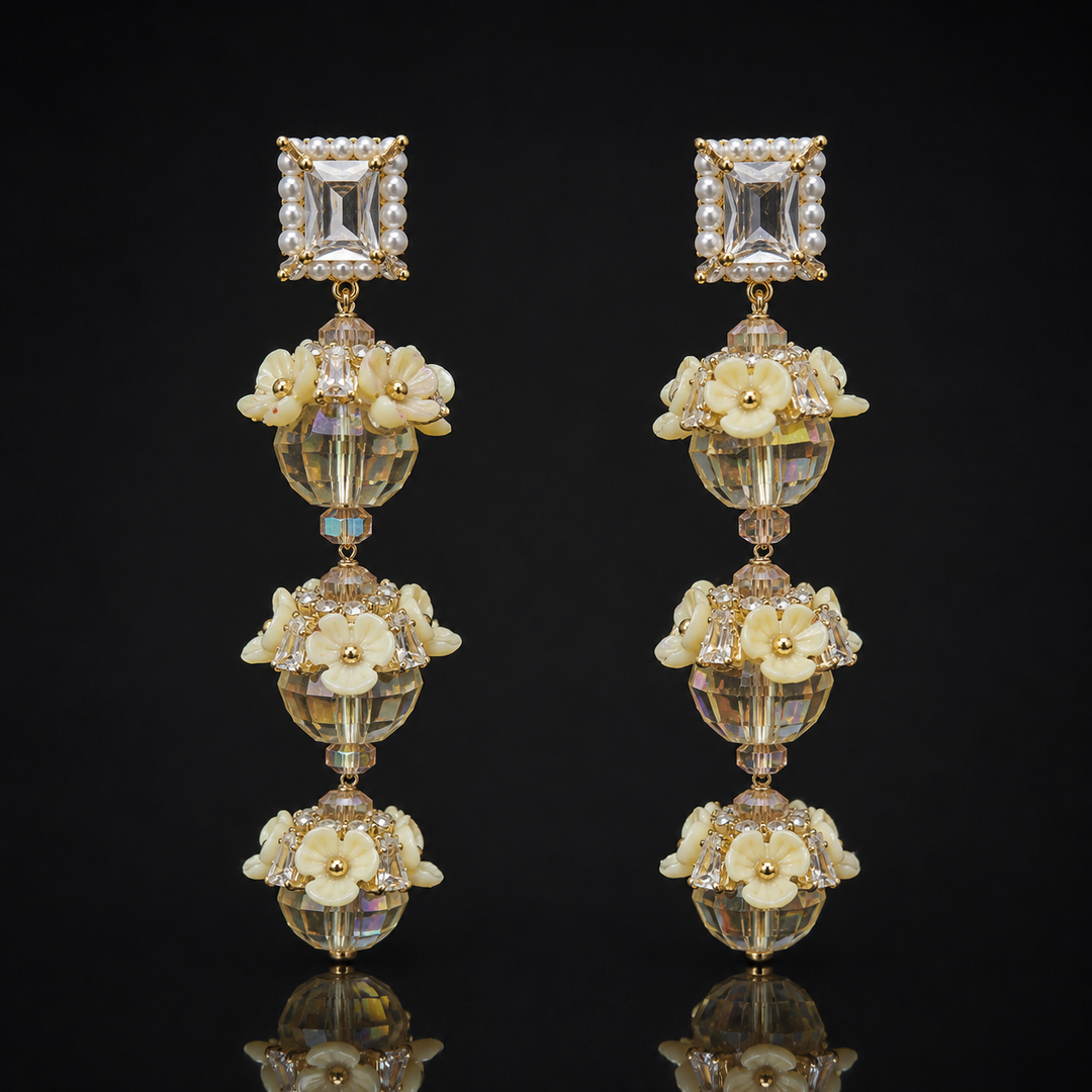 Korean Ivory Floral Crystal  Earrings