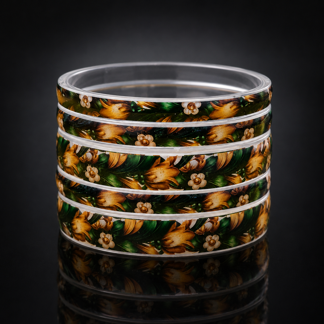 Green & Gold Floral Printed Glass Bangles Set