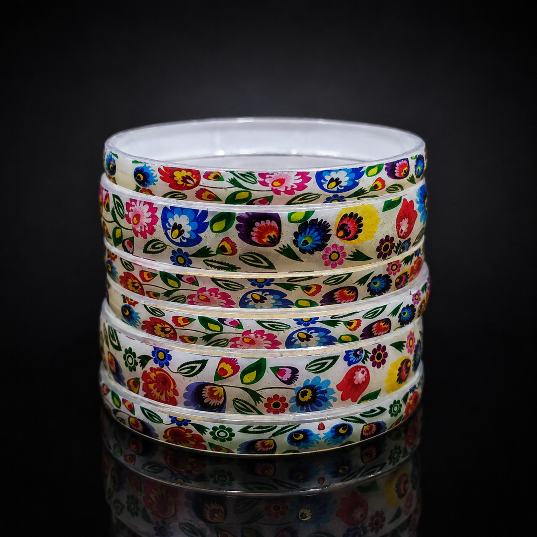 Multicolor Floral Printed Glass Bangles Set