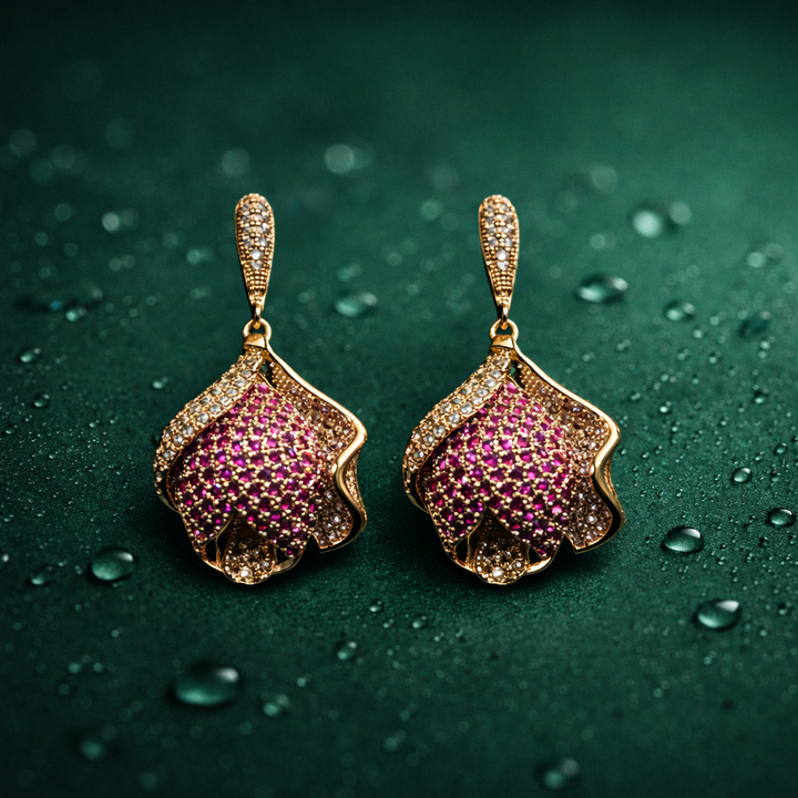 Pink Crystal Drop Earrings (Gold Tone)