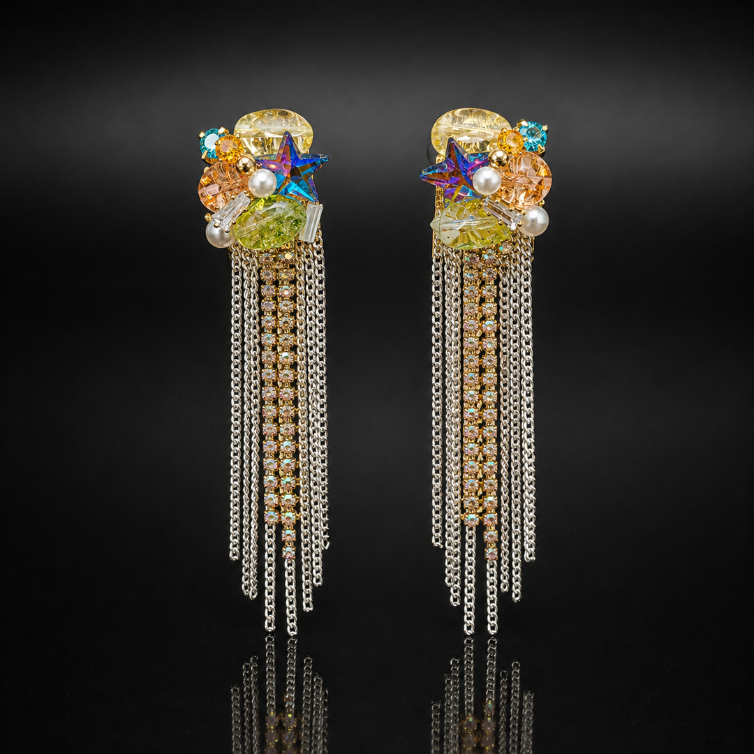 Korean Rainbow Crystal Tassel Earrings